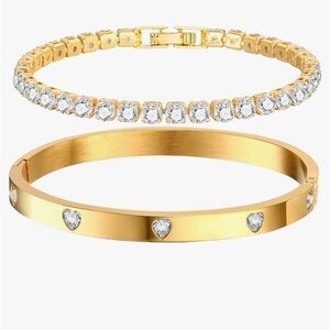 18k bracelet set with gold bangle with hearts love and tennis bracelet CZ